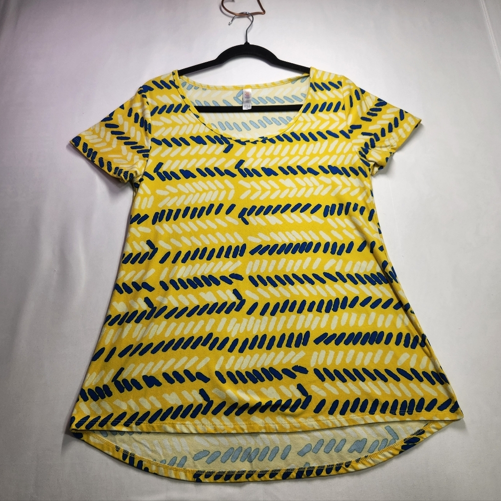 ⭐️LuLaRoe Perfect Tunic Top Yellow Blue Chevron Dash High Low Size Small